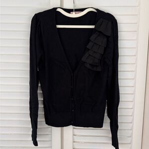 Review Black Knit Cardigan with Satin Ruffles